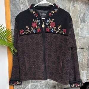 Vintage 2000s Elegant Black and Brown Floral Embroidered Full Zip Cardigan